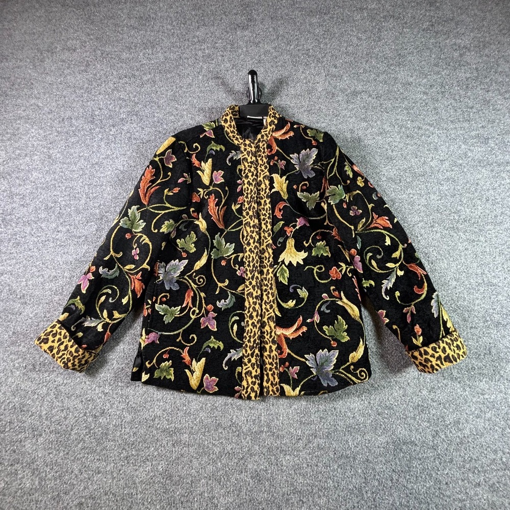 Vintage White Stag Floral Leopard Cardigan Jacket Womens S Black W5511060